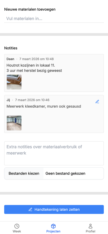 Leg eenvoudig meerwerk vast met notities en foto's van het project